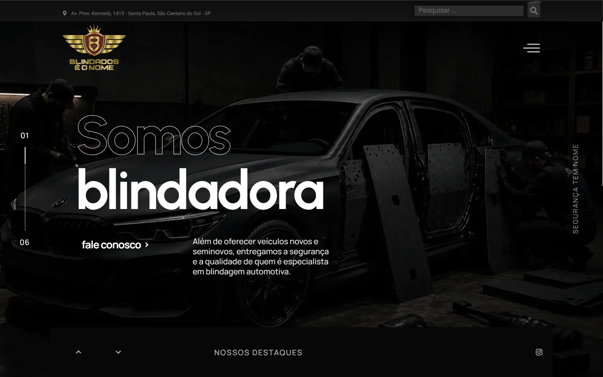 Página inicial do site Blindados e o Nome em desktop.