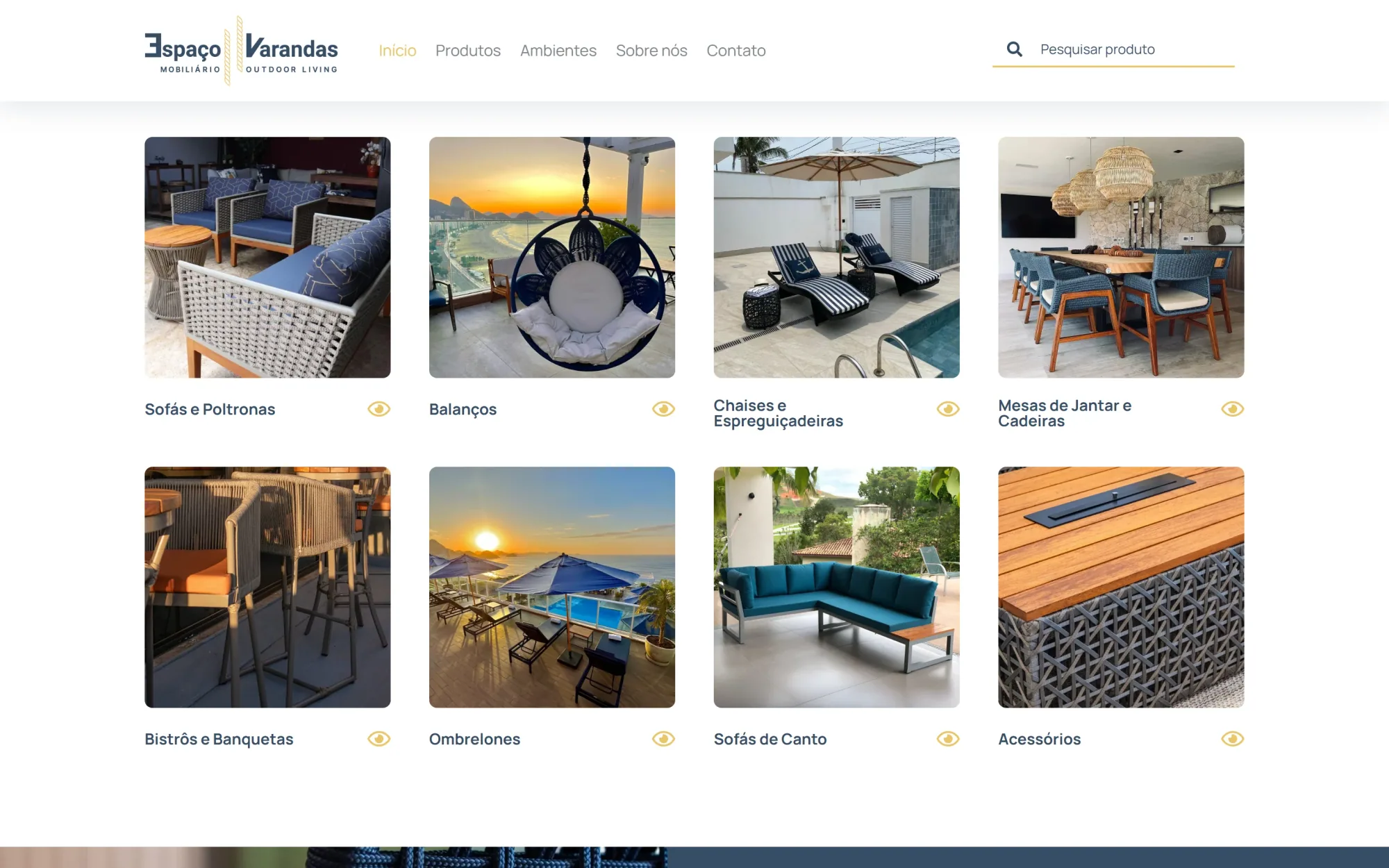 Categorias de produtos do site Espaço Varandas em desktop.