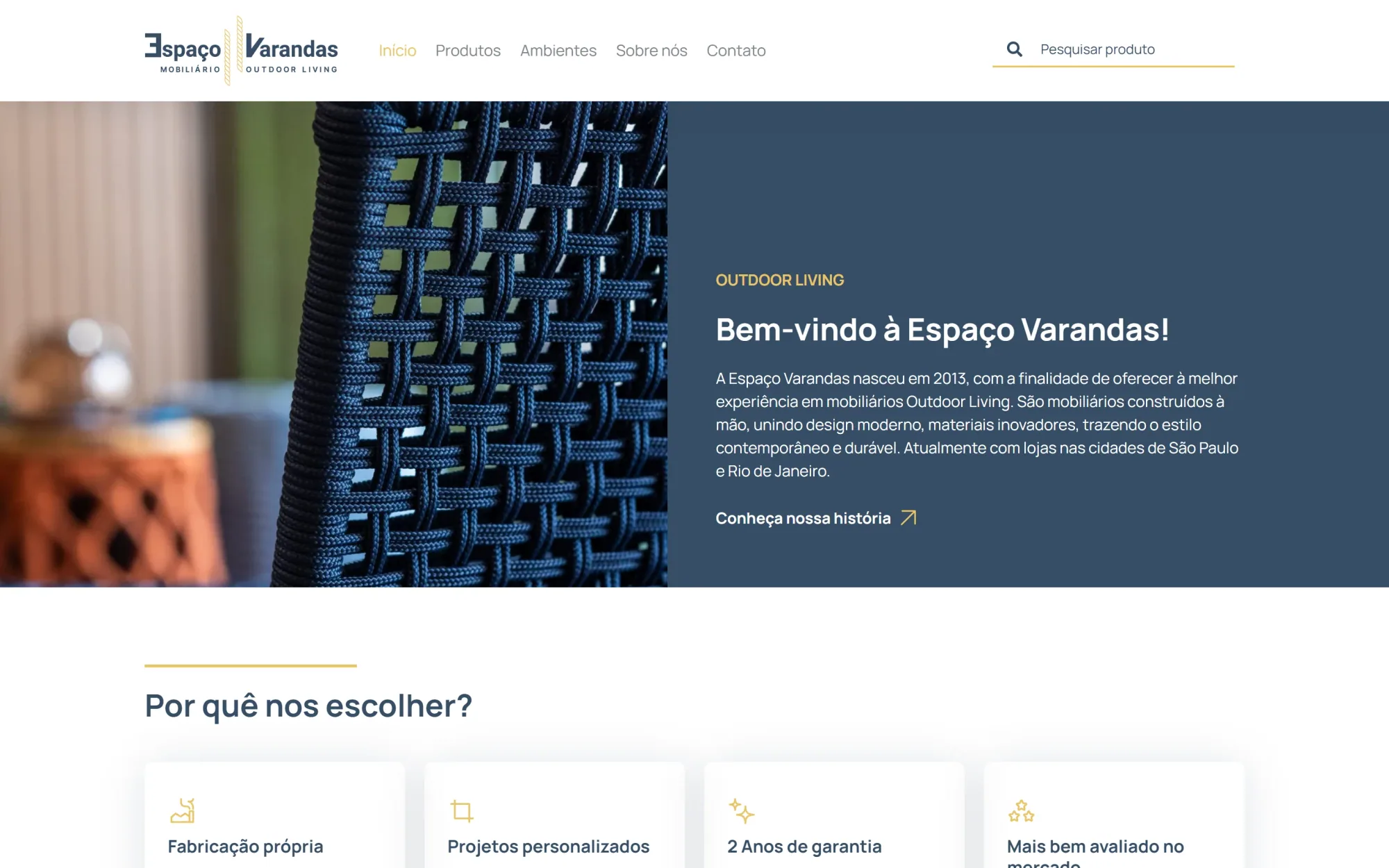 Seção de boas-vindas do site Espaço Varandas em desktop, com foto de cadeira de corda náutica.