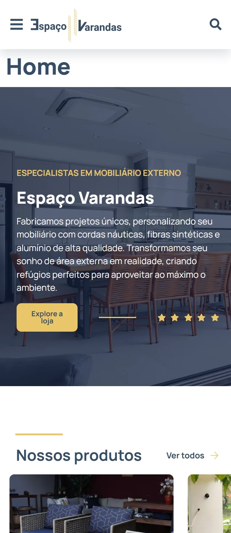 Página inicial do site Espaço Varandas em celular.