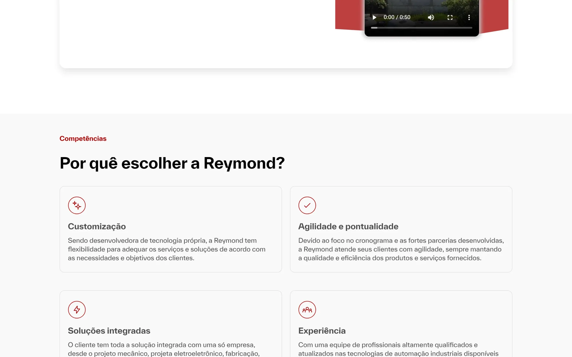 Seção de competências do site Reymond Soluções em desktop.