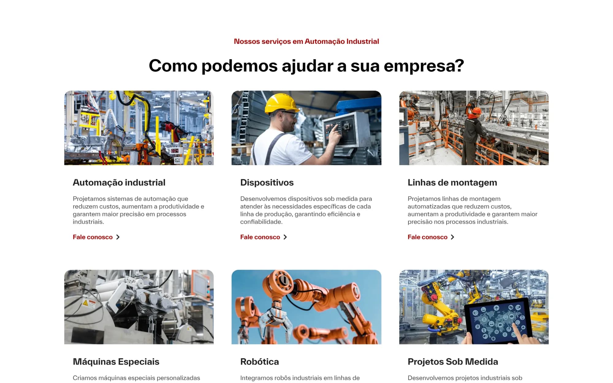 Seção de serviços de automação industrial do site Reymond Soluções em desktop.