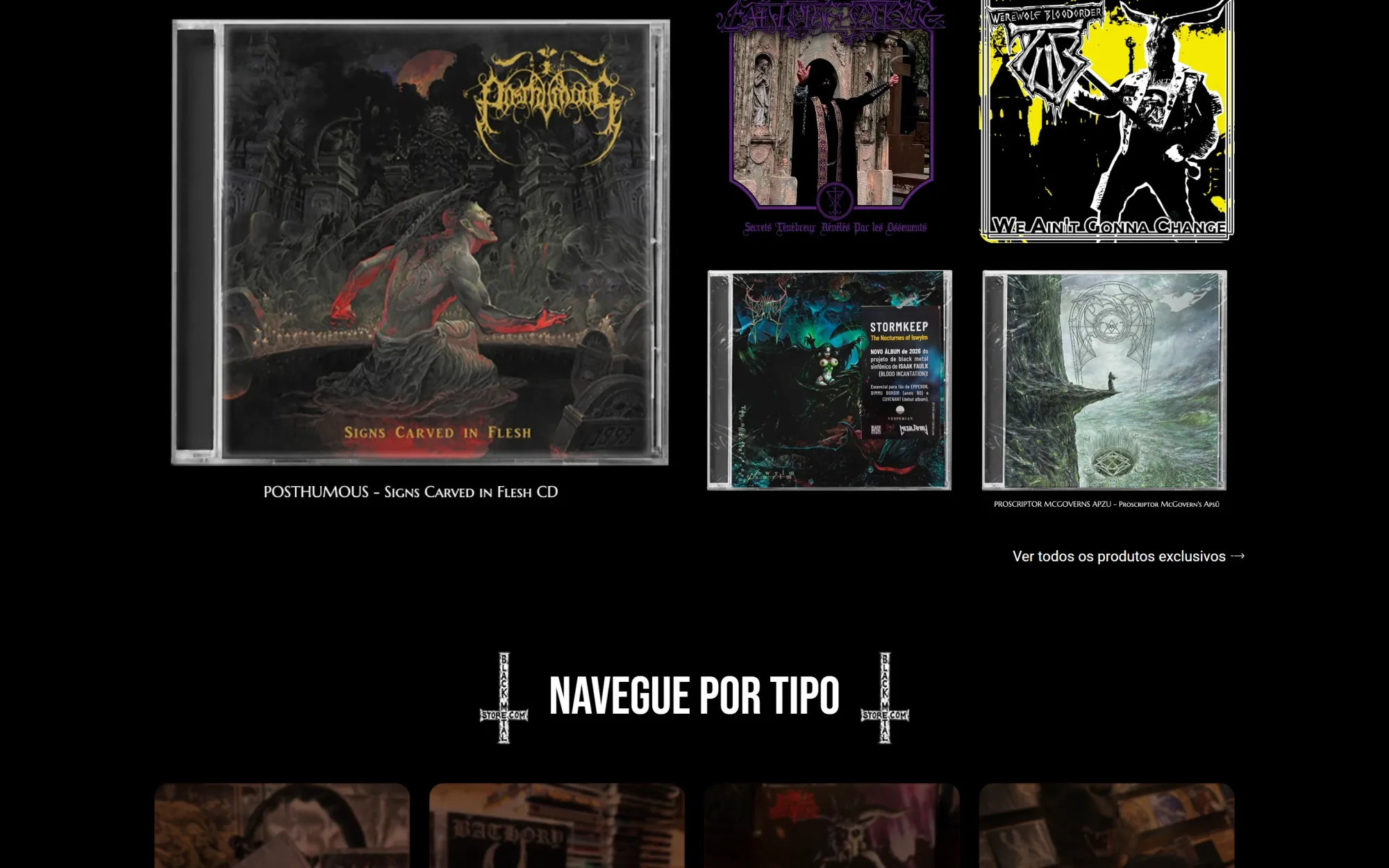 Seção de lançamentos exclusivos da loja Black Metal Store em desktop.