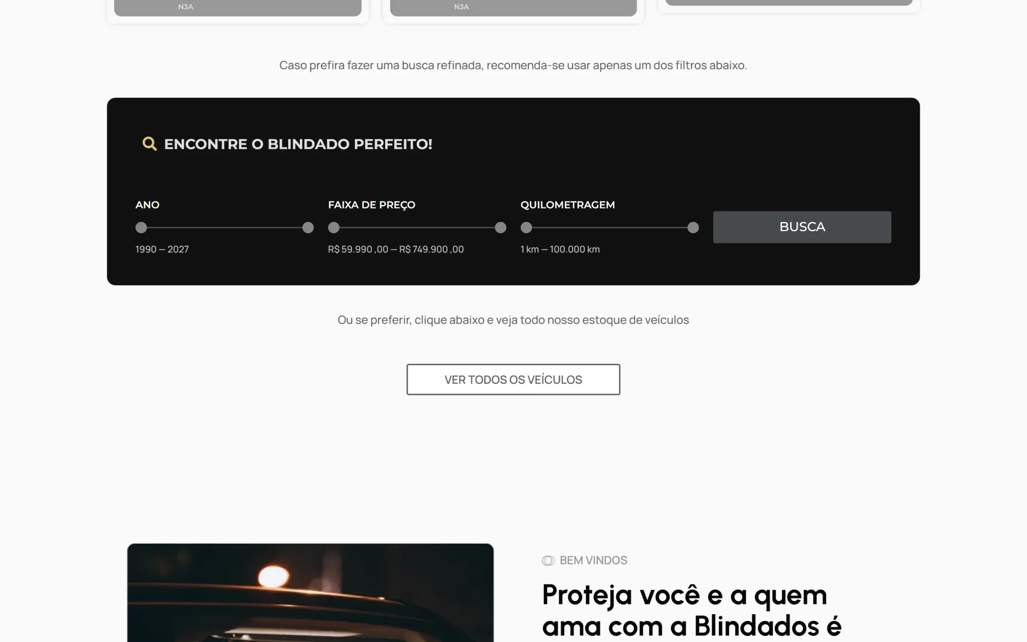 Busca de veículos por ano, preço e quilometragem no site Blindados e o Nome em desktop.