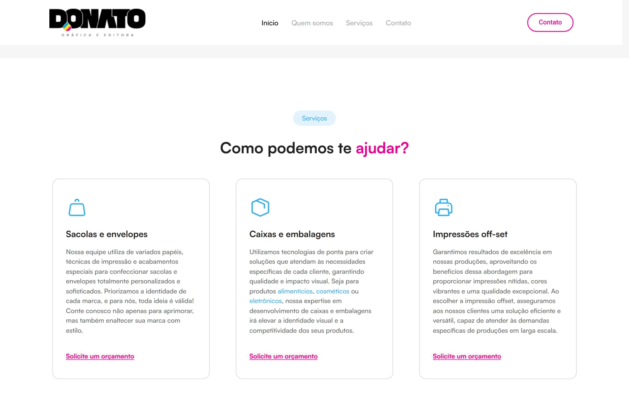 Seção de serviços do site Gráfica Donato em desktop.