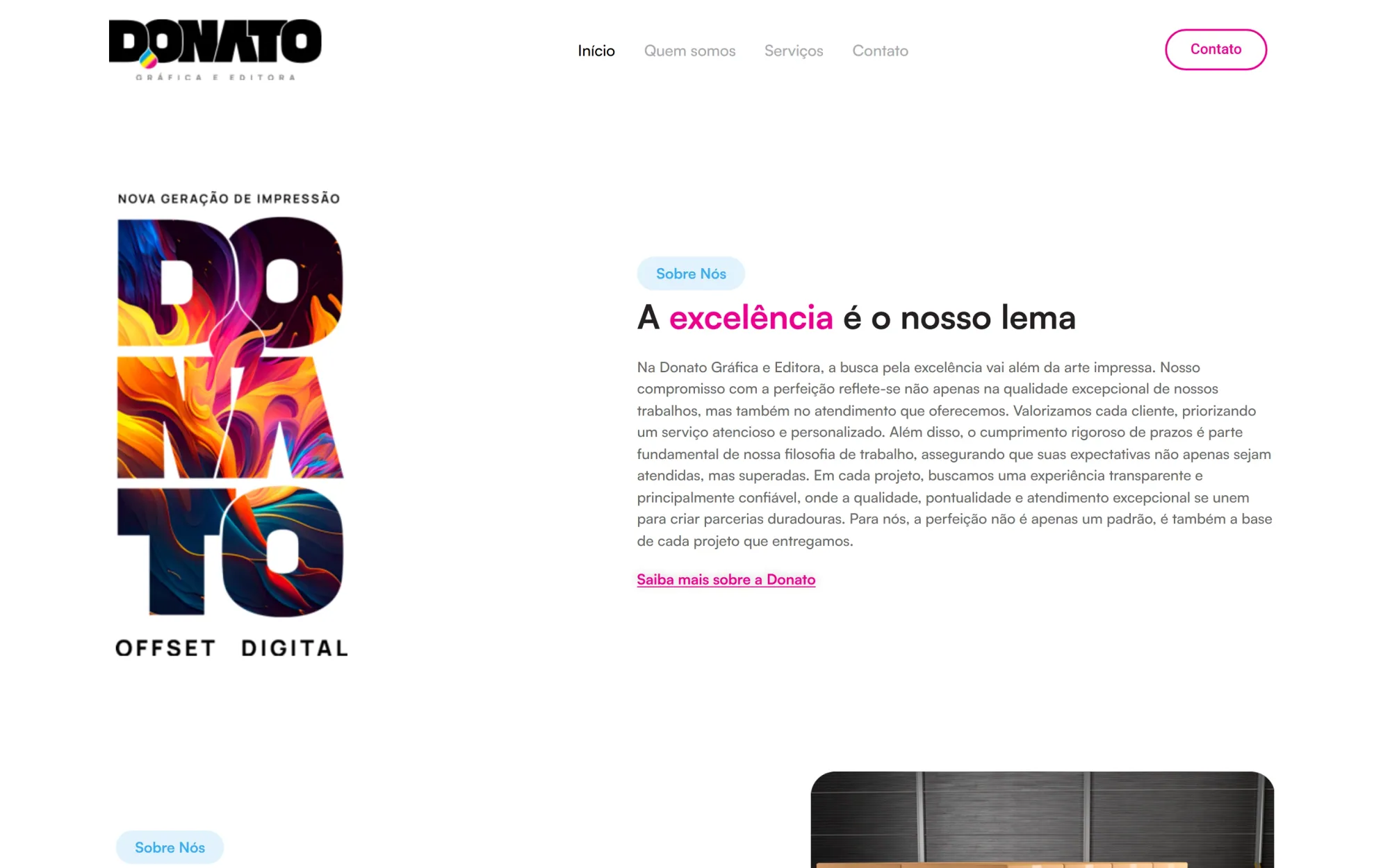 Seção sobre do site Gráfica Donato em desktop.