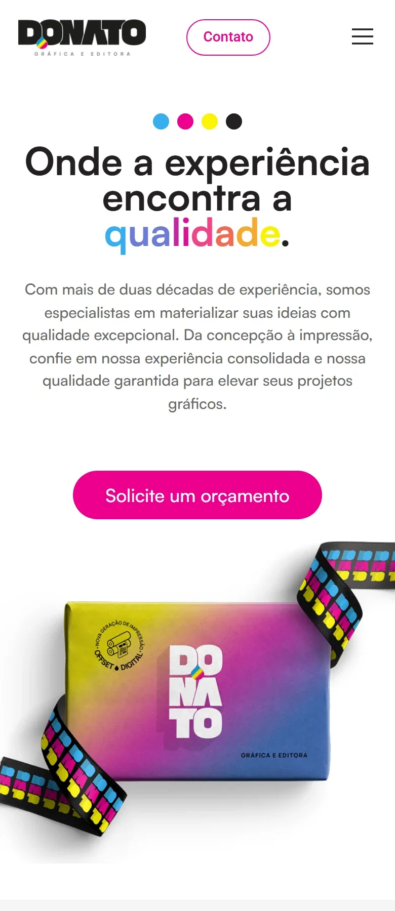 Página inicial do site Gráfica Donato em celular.