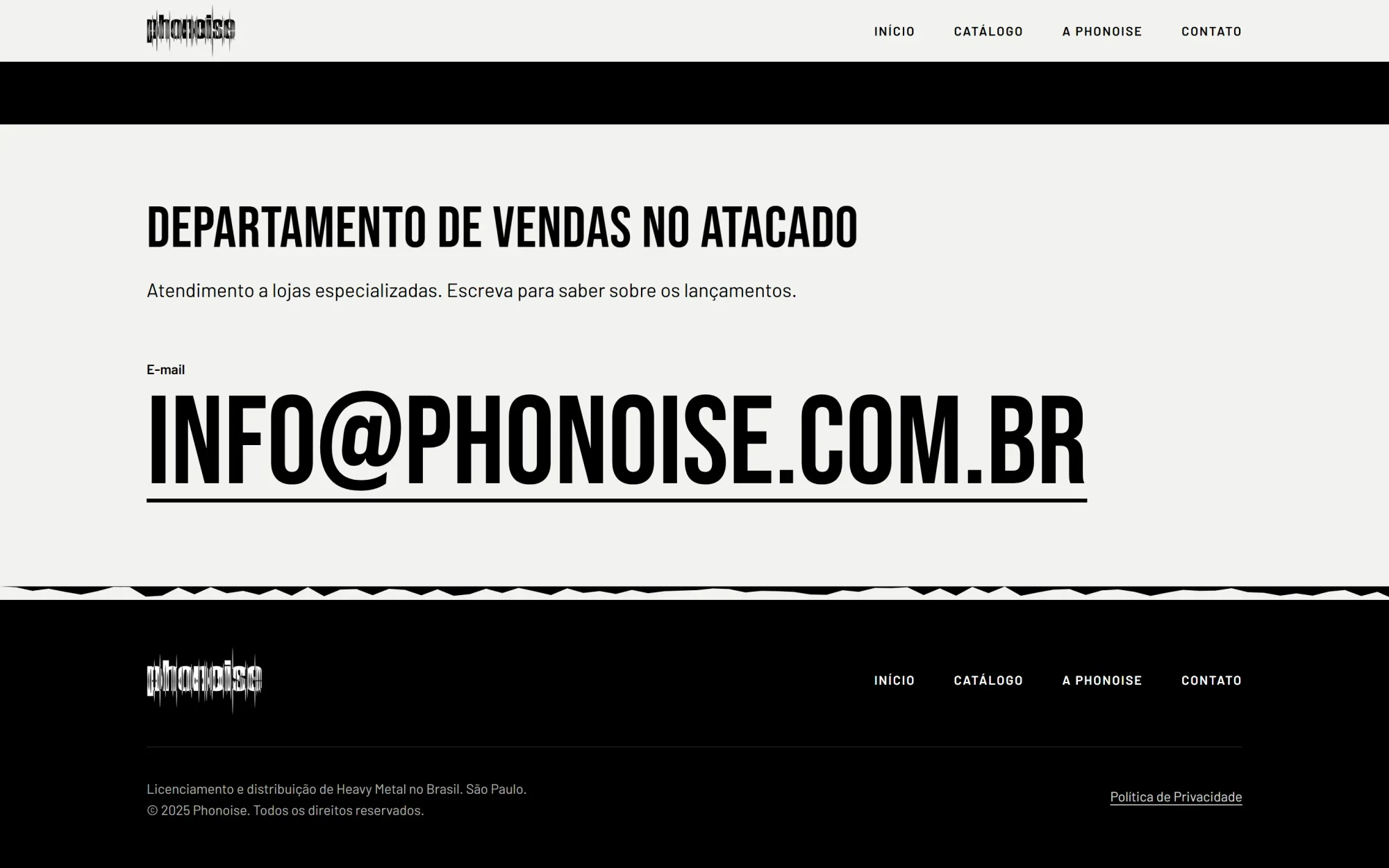 Seção de atacado e contato da Phonoise em desktop.